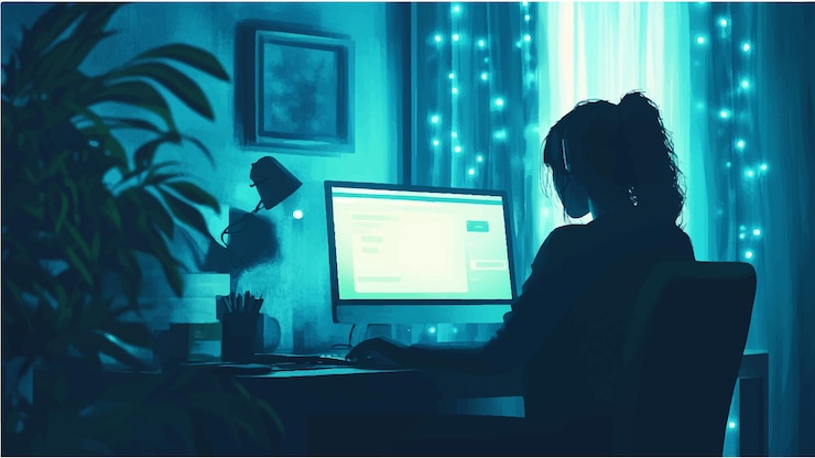 Vector estudiante siguiendo cursos en línea en su computadora en casa diseño de siluetas vectoriales planas