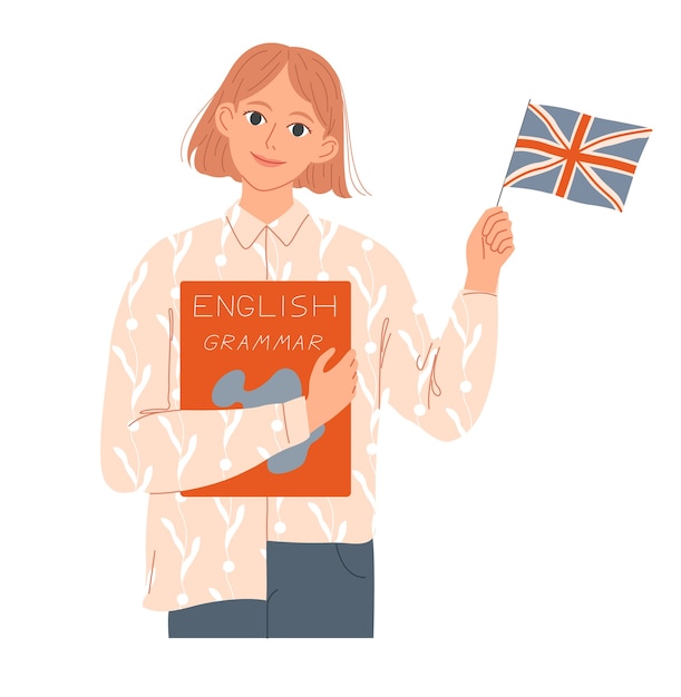 Vector una estudiante sostiene un libro y una bandera inglesa. ella es un hablante nativo o aprende inglés.