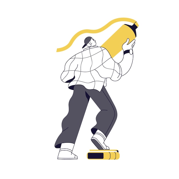 Estudiante subrayando importante con marcador de texto resaltador en la mano Hombre pequeño carácter resaltando y marcando algo dibujando línea Ilustración vectorial plana aislada sobre fondo blanco