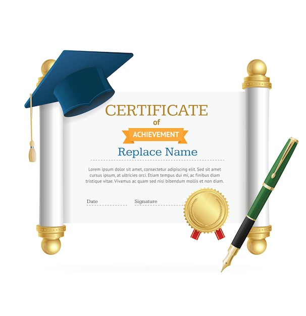Estudiante de tapa graduada y vector de certificado de rollo