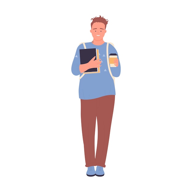 Estudiante con taza de café desechable para beber y libros