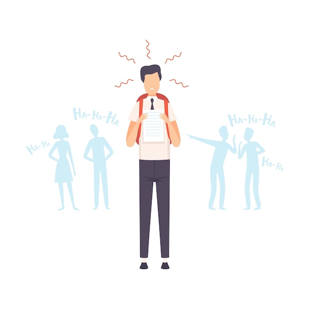 Estudiante triste mostrando los mejores resultados de las pruebas Compañeros de clase intimidándolo y burlándose de él Ilustración vectorial en fondo blanco
