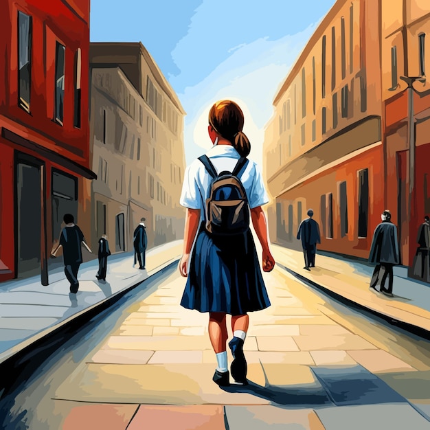 Una estudiante con uniforme escolar va a la escuela con una mochila de educación al comienzo de un nuevo año escolar