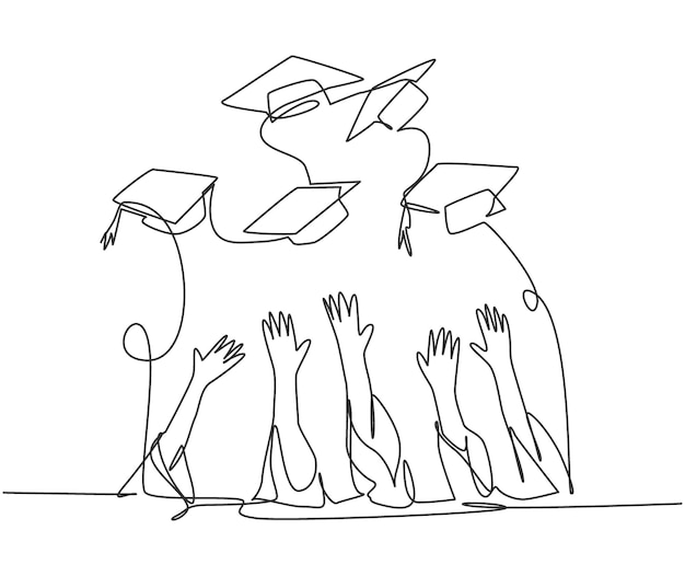 Un estudiante universitario de un grupo de dibujo de una sola línea lanza su gorra al aire para celebrar el vector de diseño