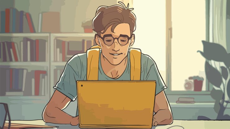 Vector estudiante universitario masculino trabajando en una ilustración vectorial plana en una computadora portátil