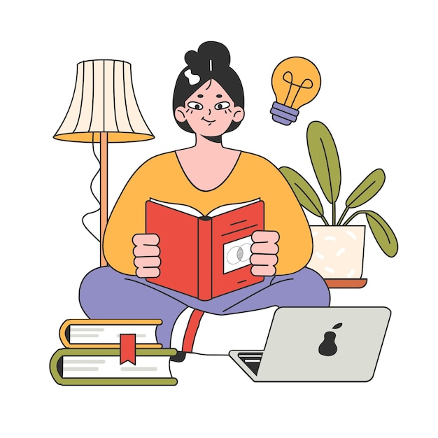 Estudiante universitario o universitario personaje joven que estudia leyendo libros y escribiendo una tarea