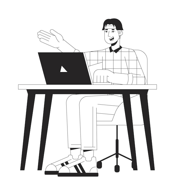 Estudiante universitario sentado en la mesa línea plana personaje vectorial blanco negro Esquema editable persona de cuerpo completo Escritorio de estudiante portátil caricatura simple ilustración aislada para diseño web
