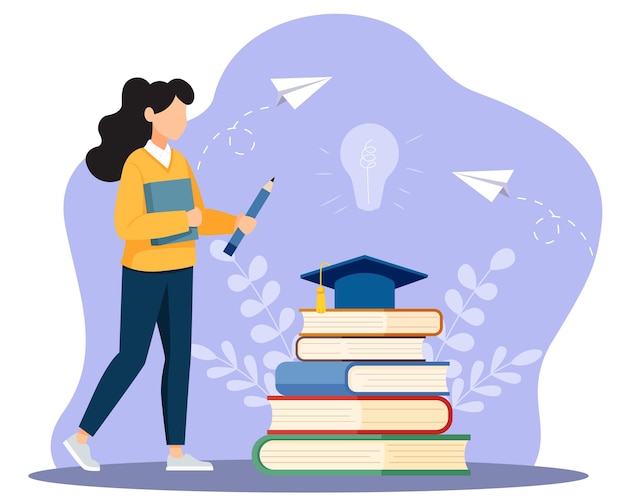 estudiante vector mujer personaje persona en diseño plano de pie con libro en la mano