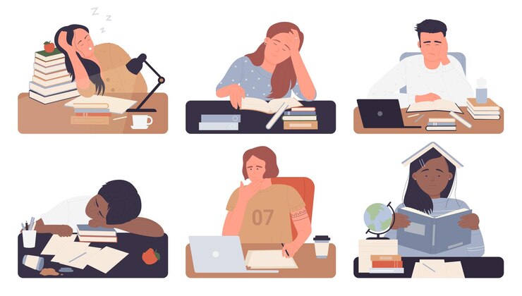 Vector estudiantes aburridos estudian agotados mujer hombre estudiantes aislados