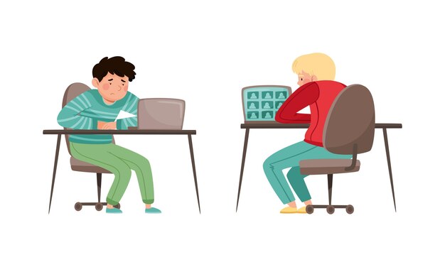 Estudiantes adolescentes que estudian en línea y se comunican con computadoras portátiles durante la educación a distancia