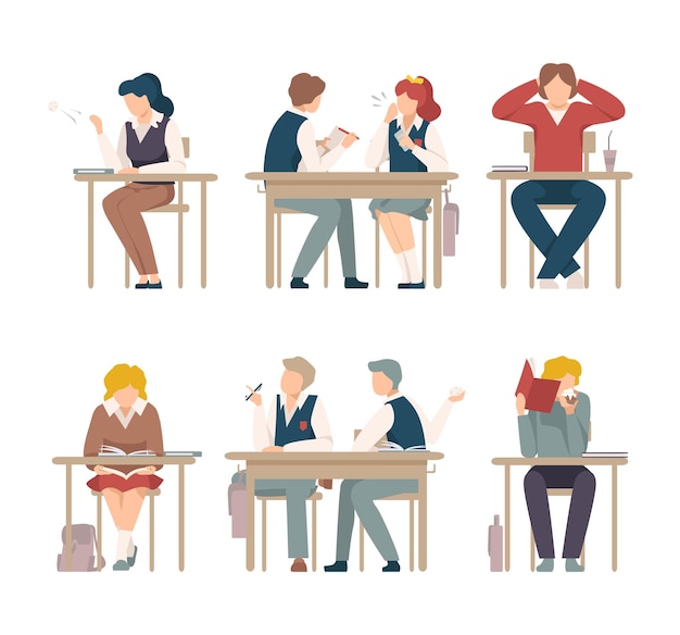 Estudiantes adolescentes sentados en el escritorio en el aula Chicas y chicos en uniforme charlando aburridos y comiendo durante la lección Ilustración vectorial plana