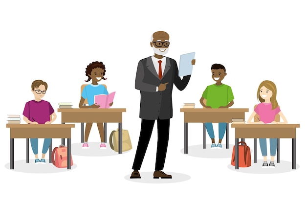 Estudiantes adolescentes sentados en el lugar de trabajo y el maestro de pie en la clase ilustración vectorial
