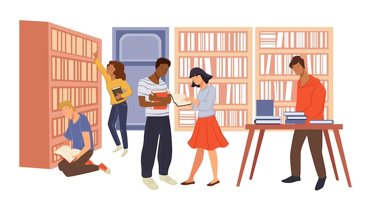 Vector estudiantes y adultos leyendo libros en la tienda de la biblioteca.