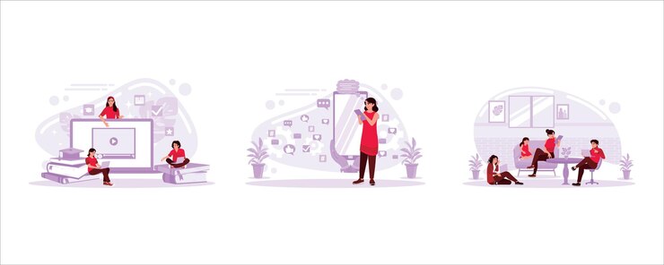 Vector los estudiantes aprenden en línea que las manos de las mujeres están atadas a cadenas con el concepto de adicción a internet del teléfono celular