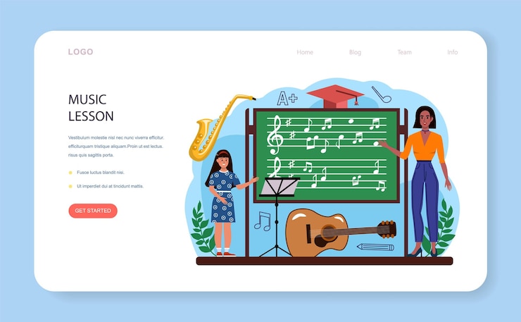 Vector los estudiantes aprenden a tocar el banner web del club de música o la escuela o la página de destino