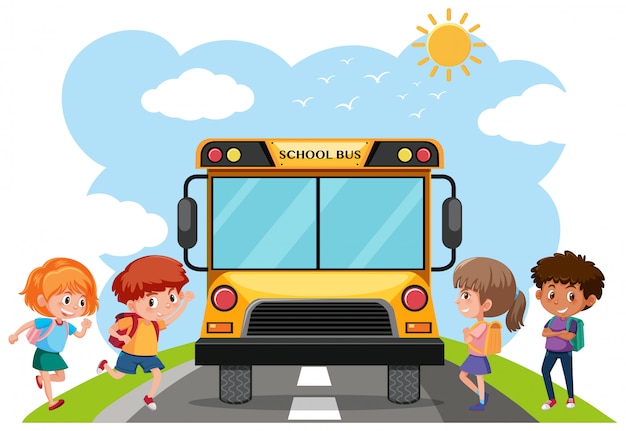 Vector estudiantes y autobús escolar
