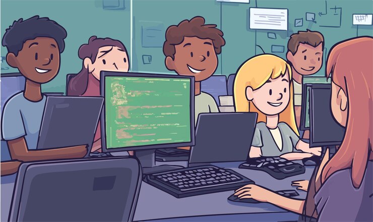 Vector estudiantes de codificación colaborativa comprometidos en el aprendizaje juntos