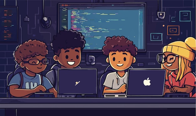 Estudiantes de codificación colaborativa trabajando juntos