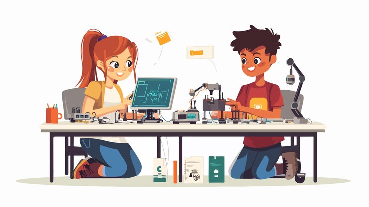 Vector estudiantes curiosos, hombres y mujeres, trabajando juntos en un proyecto
