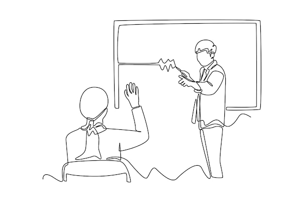 Los estudiantes de dibujo continuo de una línea le preguntan al maestro en clase concepto de clase en acción ilustración gráfica vectorial de diseño de dibujo de una sola línea