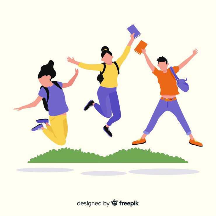 Vector estudiantes de diseño plano saltando felices