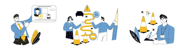 Estudiantes e instructores en personajes de la escuela de conducción establecen ilustración vectorial