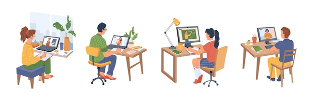 Estudiantes de educación en línea que aprenden en computadoras