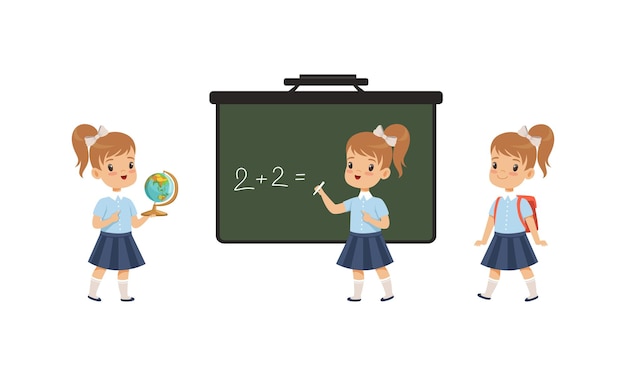 Estudiantes de escuela primaria lindos estudiando en la escuela chicas adorables de pie frente a la pizarra de regreso a la escuela concepto de dibujos animados ilustración vectorial