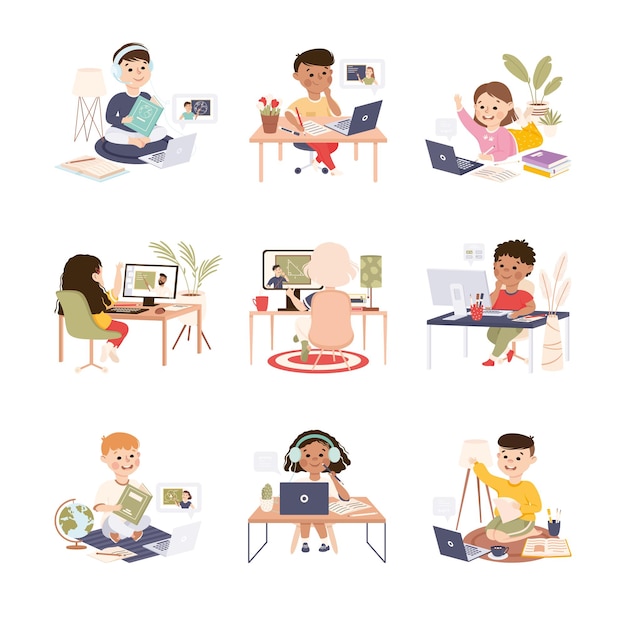 Estudiantes de escuela primaria que estudian en línea usando computadoras portátiles Set Homeschooling Aprendizaje a distancia Concepto Ilustración vectorial de estilo de dibujos animados