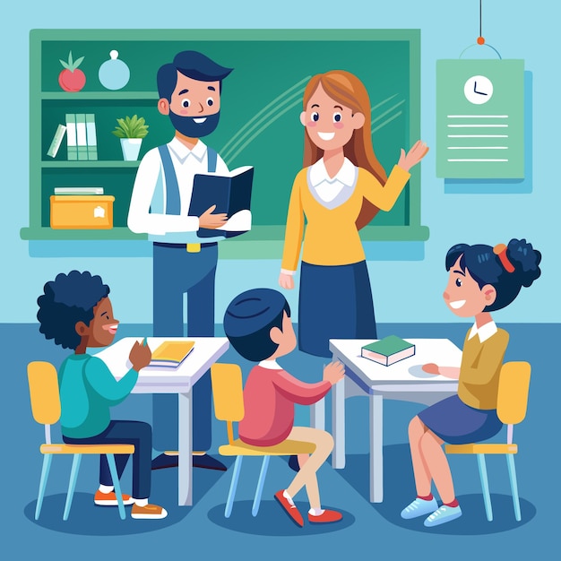 Estudiantes de escuelas primarias estudiando en el aula Maestro Arte vectorial mejora el contenido educativo
