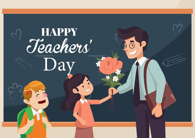 Los estudiantes están dando flores a su maestro en la celebración del Día del Maestro vector