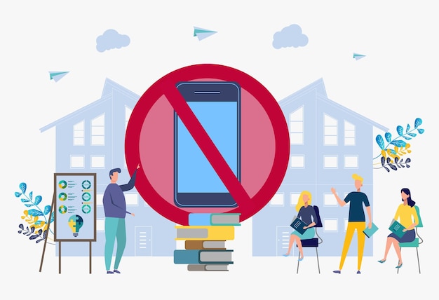 Los estudiantes estudian y leen libros Sin signo de teléfono inteligente Ilustración vectorial colorida