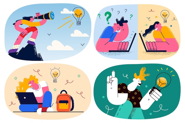 Los estudiantes estudian el trabajo en línea y desarrollan ideas innovadoras involucradas en el pensamiento creativo. los empresarios o autónomos realizan una lluvia de ideas para generar planes o proyectos de negocios. innovación. ilustración vectorial. colocar.