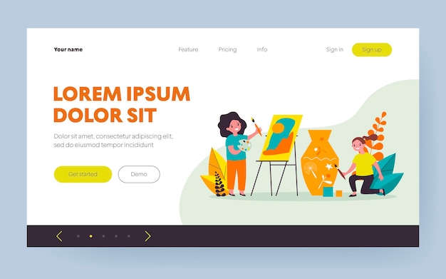 Estudiantes felices de la escuela artística. Niños pintando cuadros y decorando jarrón de arcilla ilustración vectorial plana. Estudio de dibujo, concepto de taller para banner, diseño de sitios web o página web de aterrizaje