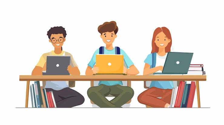 Vector estudiantes felices estudiando juntos en el escritorio