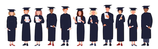 Estudiantes de graduación de dibujos animados. Grupo hombre, mujer, personas multirraciales en gorro académico, bata, diploma en mano