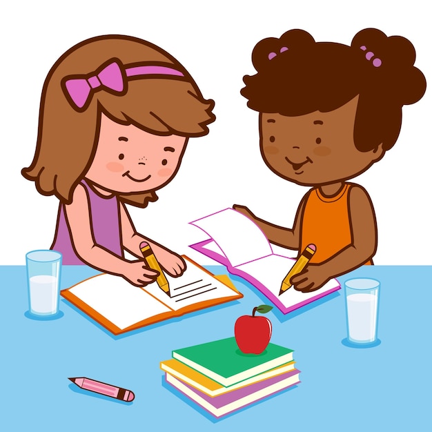 Estudiantes haciendo sus tareas Niños haciendo sus tareas en un escritorio en el aula de la escuela