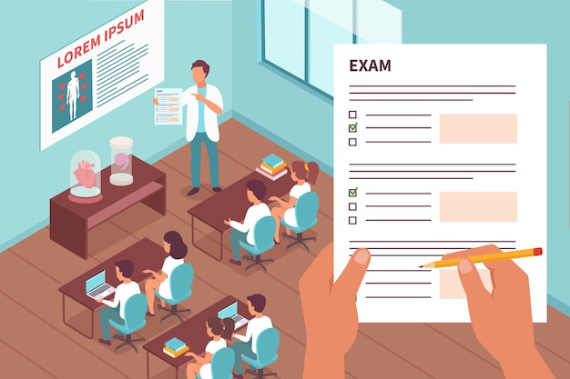 Vector los estudiantes en la ilustración del examen con el maestro explicando a los estudiantes cómo completar los formularios de examen