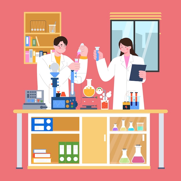 Estudiantes investigando drogas y haciendo experimentos en el laboratorio
