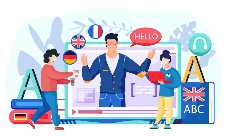 Vector estudiantes en una lección de inglés en línea la gente aprende a hablar un idioma extranjero el profesor en el monitor de la computadora saluda el chico lleva tazas de café mientras la chica se para con la computadora portátil comunicación