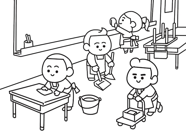 Estudiantes limpiando las páginas de colorear del aula
