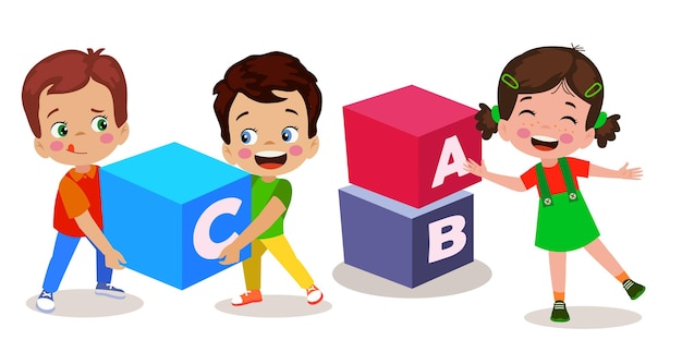 Estudiantes lindos con cubos de letras en el aula