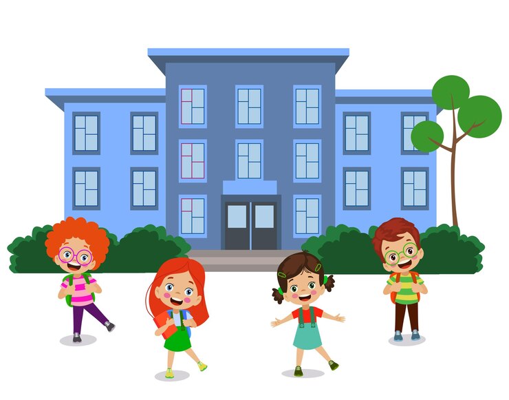 Vector estudiantes lindos frente a la escuela