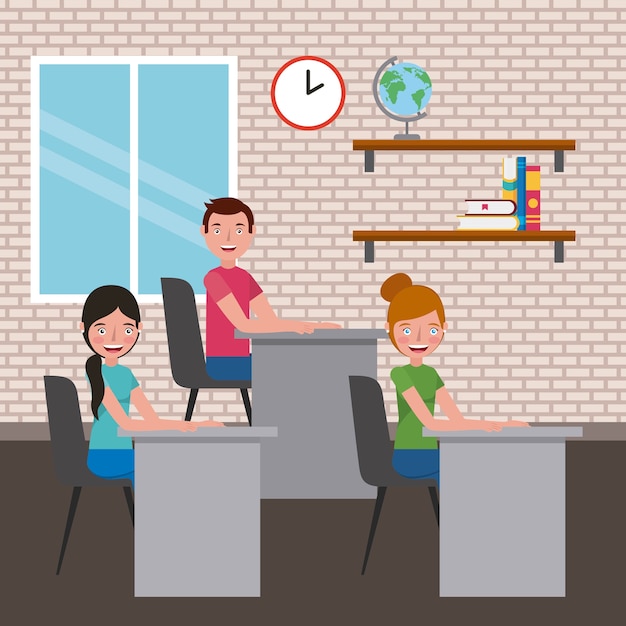 estudiantes niñas y niño sentado en el escritorio