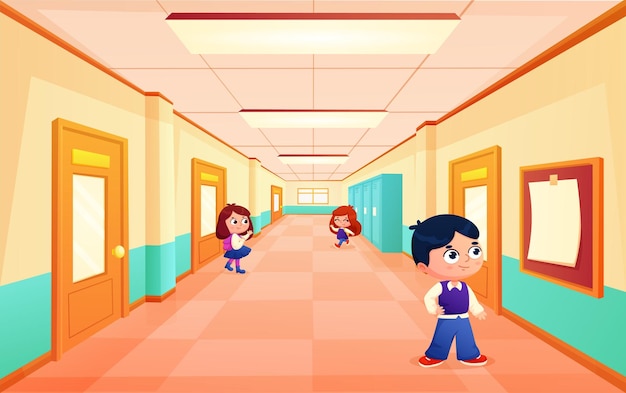Los estudiantes en el pasillo de la escuela las cerraduras en el corredor los pequeños alumnos van a estudiar y dan la bienvenida a los amigos los niños de dibujos animados en la sala de la universidad hoy en día escena vectorial