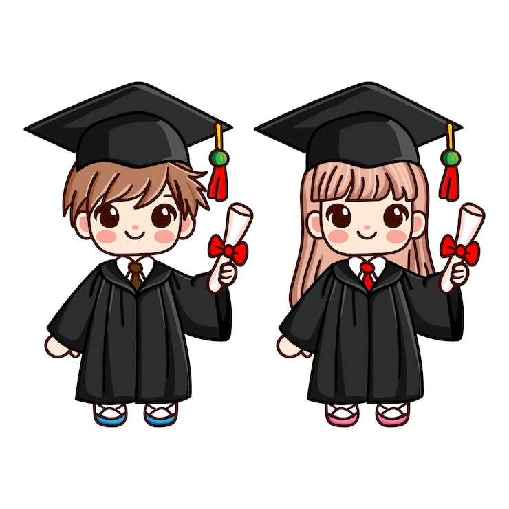 Vector estudiantes de posgrado con diploma con sombrero de dibujos animados