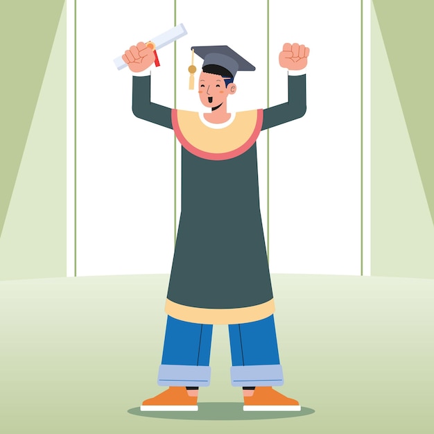 Estudiantes de posgrado de hombre de éxito de pie en el escenario Ilustración de vector de estilo plano