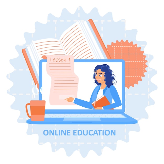 Los estudiantes se preparan para el examen de la primera lección Estudio en línea usando una computadora portátil Concepto de educación en línea Ilustración vectorial plana