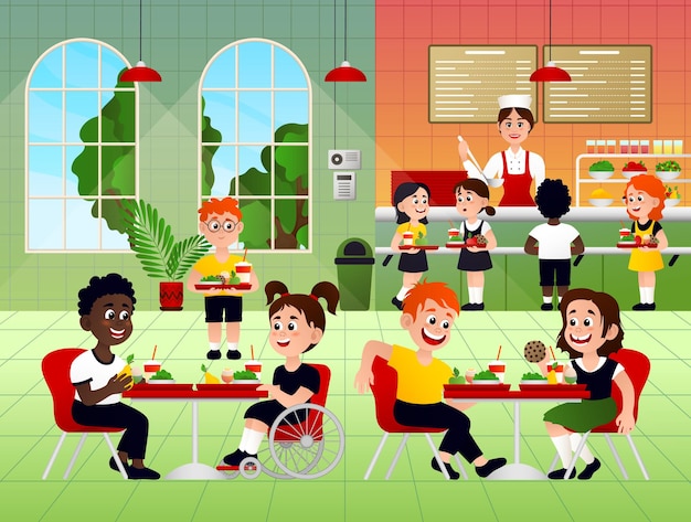 Los estudiantes de primaria almorzando en la cafetería.