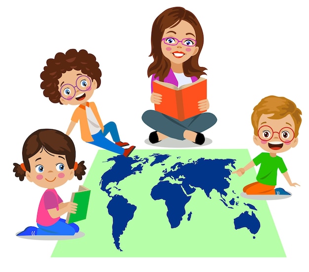 Estudiantes y profesores trabajando en el mapa mundial